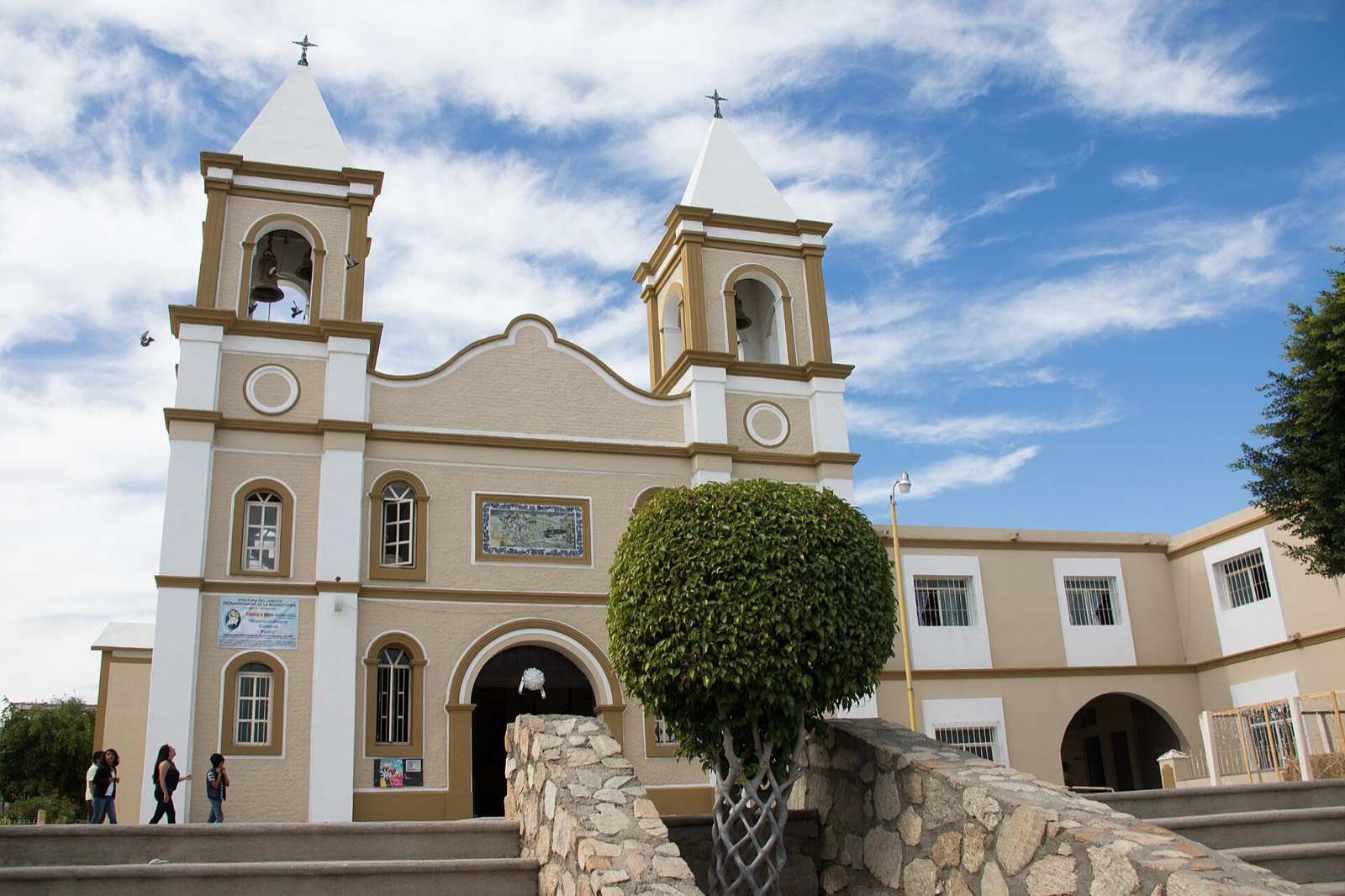 Twin bell towers of the Misión de San José del Cabo Añuití church facing the plaza in San José del Cabo