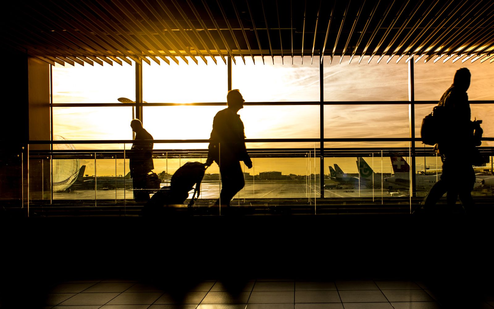 An airport terminal departures hall